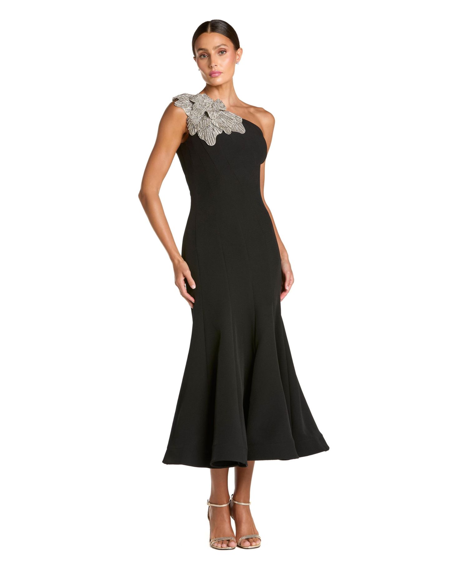 Women's Crepe One Shoulder Mermaid Midi Dress With Flower