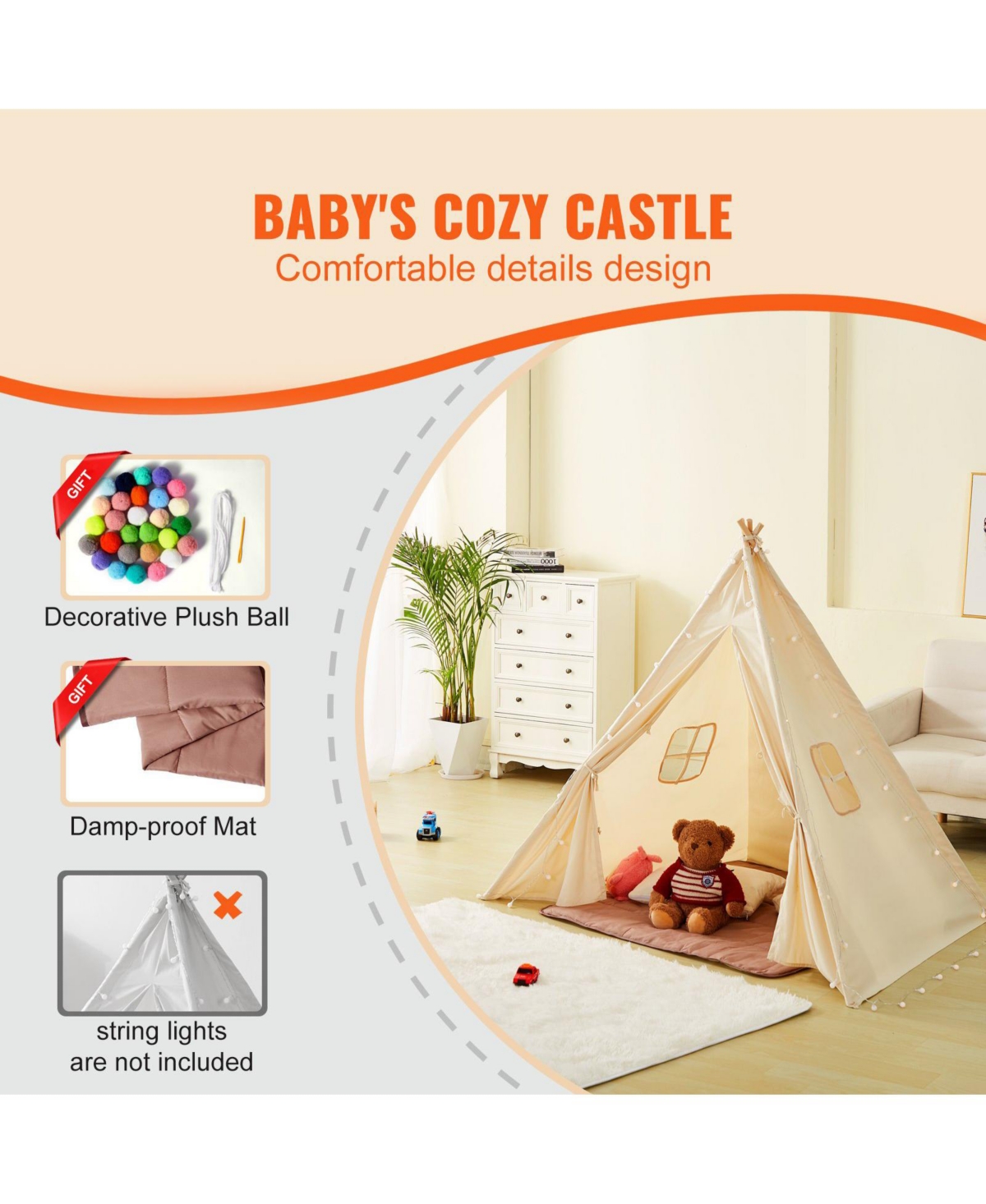 Kids Play Tent with Durable Frame Soft Mat and Decorative Accessories