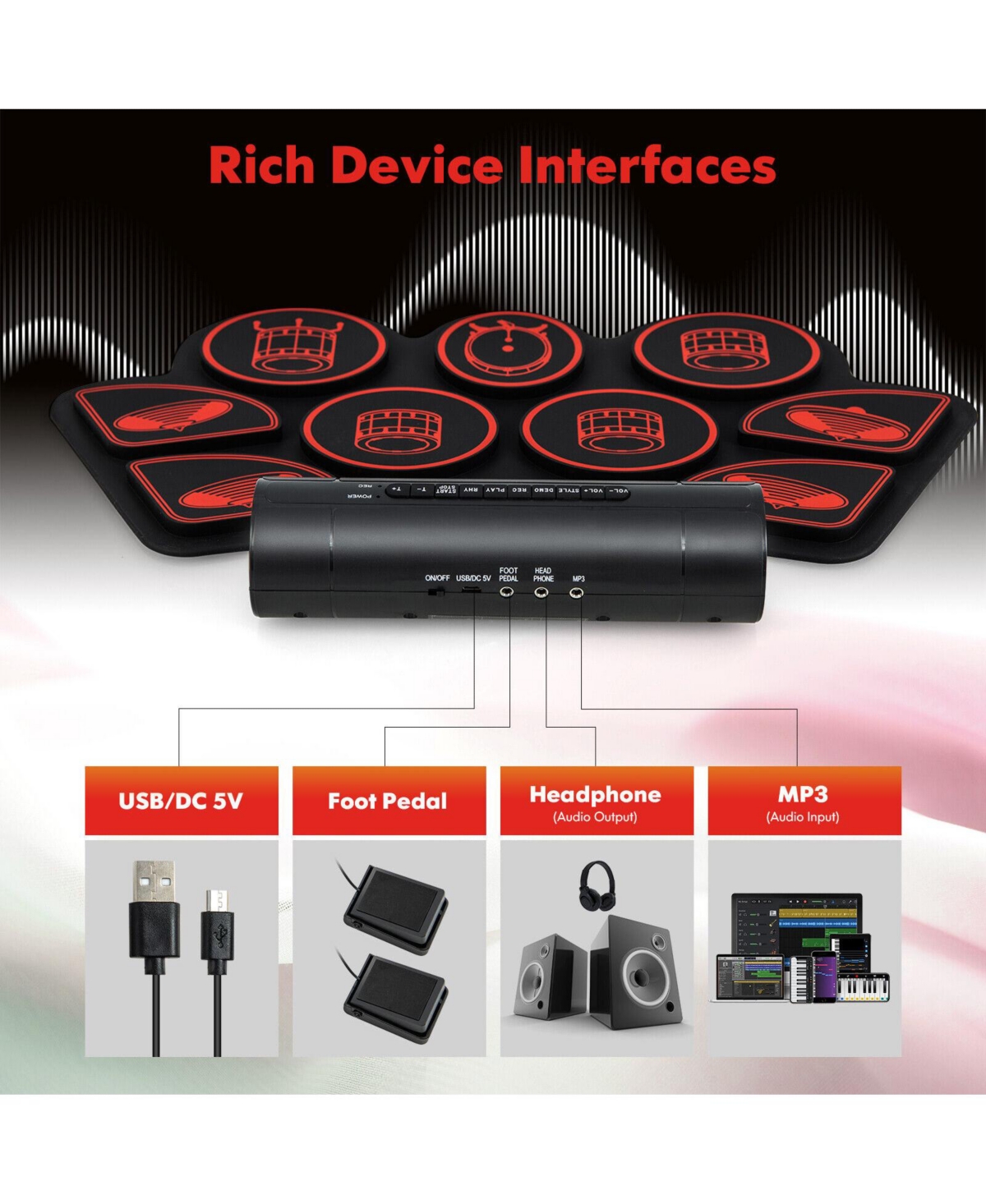 Hongge Portable Electronic Drum Set with Roll Up Pads Midi Connection and Dual Speakers