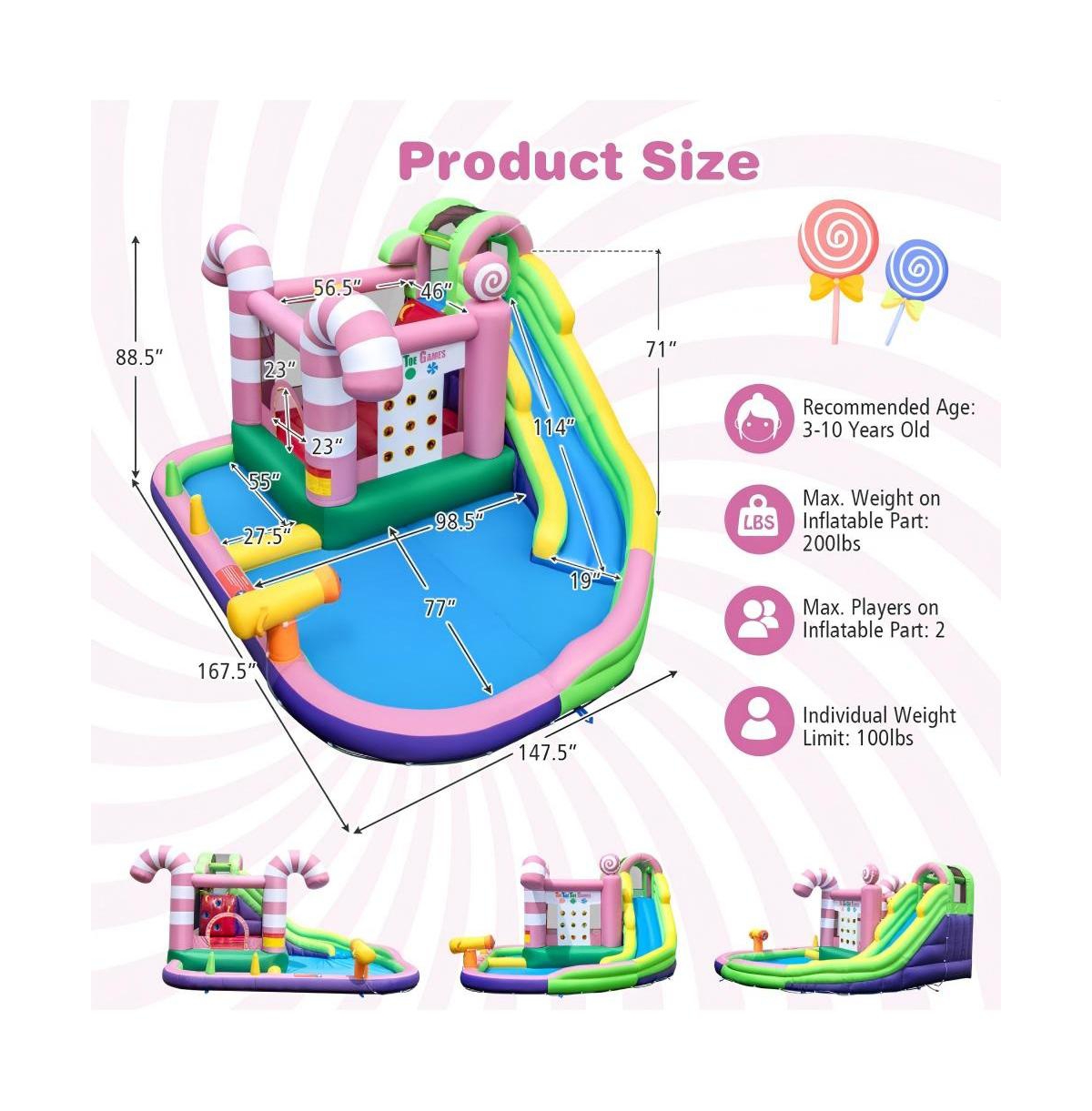 Inflatable Candy Water Park for Kids with Slide Splash Pool and Bouncy Play Zones
