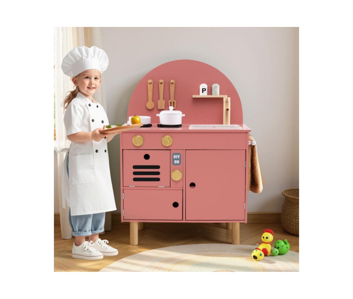 Детские игрушки HONGGE Interactive Cooking Wooden Play Kitchen Set with Built-In Storage, Ages 3+, цвет: Розовый — фото 2