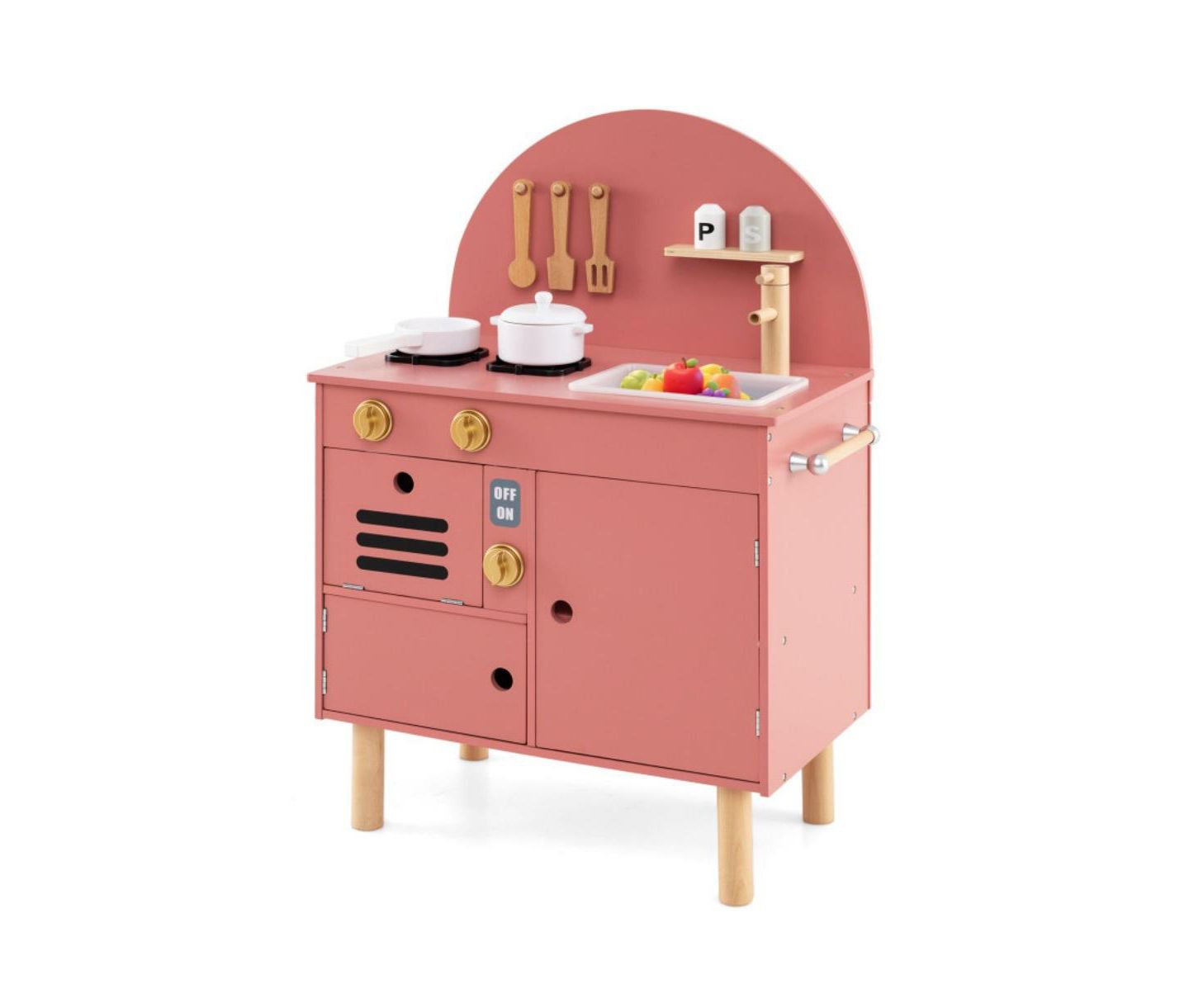 Детские игрушки HONGGE Interactive Cooking Wooden Play Kitchen Set with Built-In Storage, Ages 3+, цвет: Розовый — фото 1