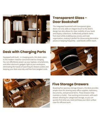 47" Retro Desk with Hutch, Charging, Drawers & Glass-Door Bookshelf, Walnut