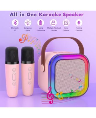 Mini Karaoke Machine for Kids Portable Bluetooth Speaker with 2 Wireless Microphones LED Lights Christmas Birthday Gift Toys Pink