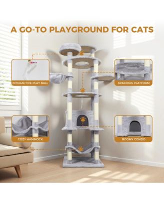 78.8 Light Gray Cat Tree Wide Base Large Condo 12 Sisal Posts Hammock Top Platform Interactive Toy
