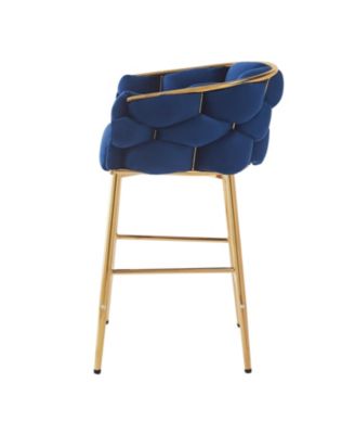 Set of 2 Modern Counter Stools, 28", Dark Blue with Iron Frame and Soft Cushion