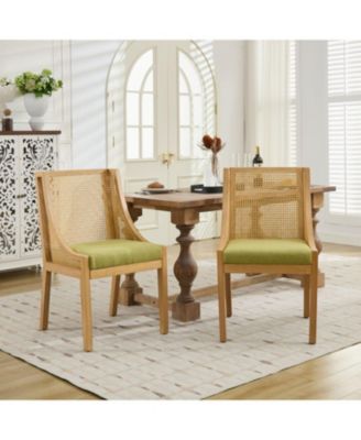 Rattan Dining Chair, Wood Frame, Linen Seat, Rustic Style, Olive Green
