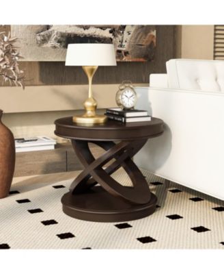 Retro Round Wooden End Table, X-Base, Espresso