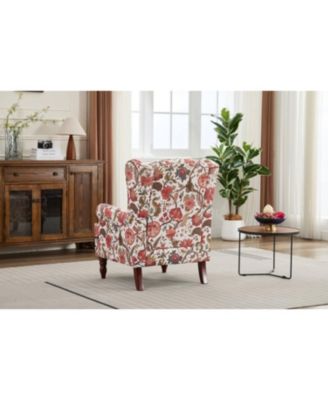Floral Red Accent Chair with Wood Legs