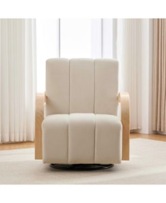 30.7" Swivel Accent Chair - Channel Tufted, Wood Armrests - Beige