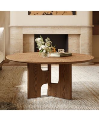 31.5 Inches Round Rustic Ash Wood Veneer Coffee Table for Small Living Room