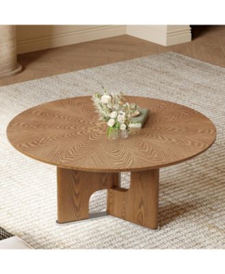 31.5 Inches Round Rustic Ash Wood Veneer Coffee Table for Small Living Room