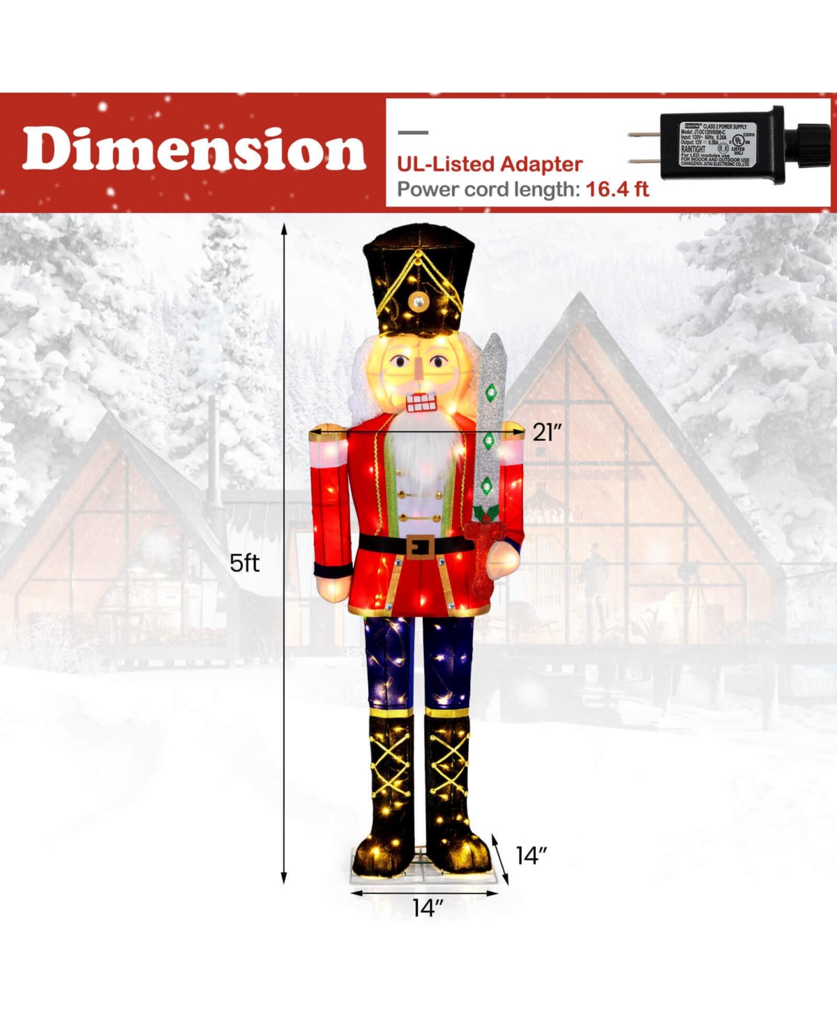 Costway 5 Ft Lighted Nutcracker Soldier Outdoor Christmas Decoration with Glitter Sword