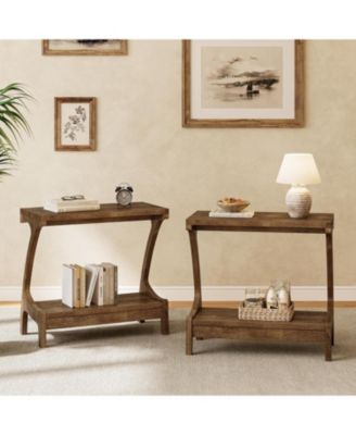 Solid Wood End Table with 2-Tier Storage Shelf, Narrow Side Table for Living Room, Bedroom, Small Spaces