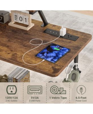 Small Standing Desk with Power Outlets and LED Light, Mobile Lift Top Desk with Monitor Stand