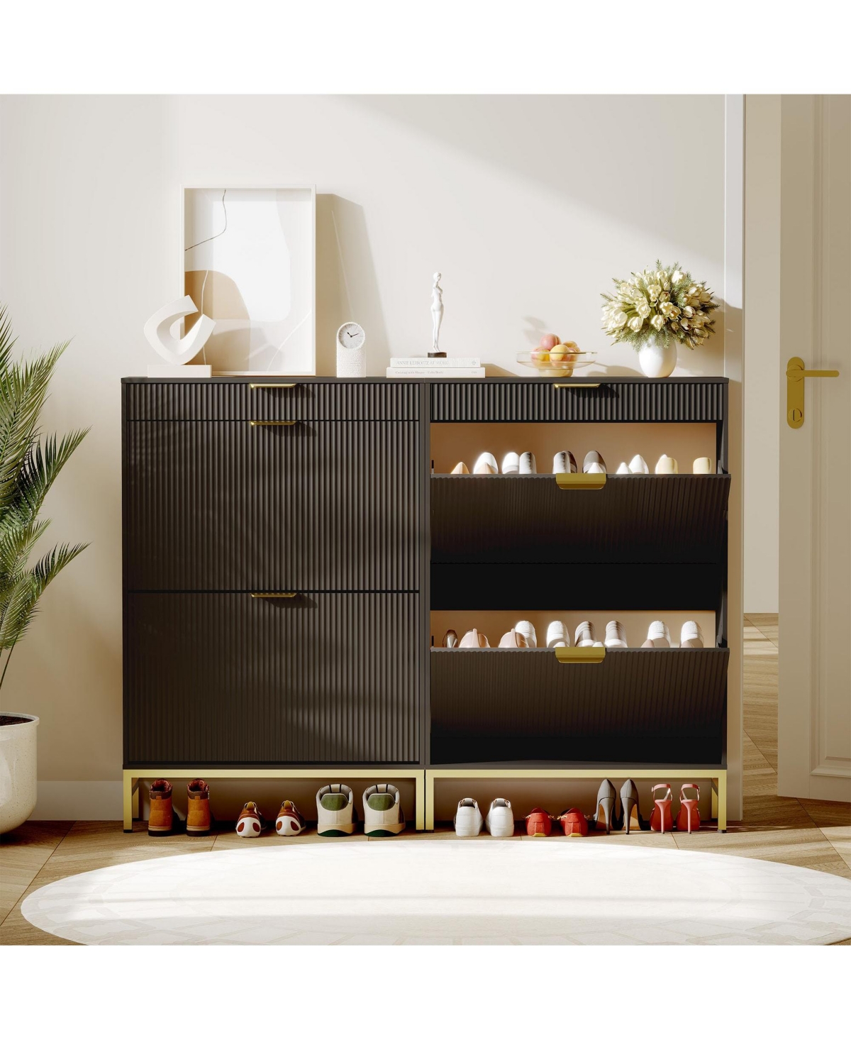 gaomon Fluted Shoe Storage Cabinet, Narrow Organizer with 2 Flip Drawers