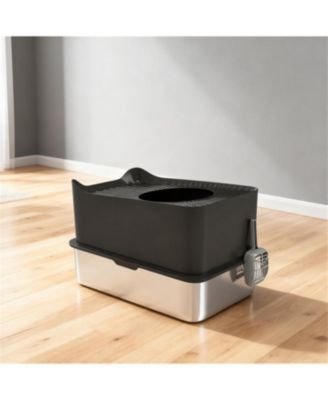 Black Stainless Steel Top-Entry Cat Litter Box with Scoop & Odor Control – 17.2 Gallon, for Cats