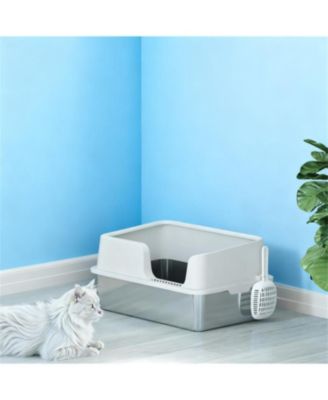 Light Gray Stainless Steel Litter Box for Large Cats: High Sides & Scoop, Elevate Your Space with Sleek
