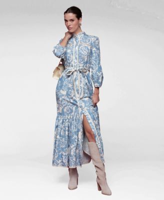 Women's Belted Puff-Shoulder Maxi Dress