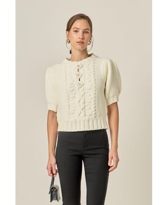 Women's Cable Puff Sleeve Knit with Flower Details