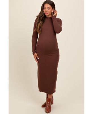 Maternity Brown Ruffle Mock Neck Long Sleeve Midi Dress