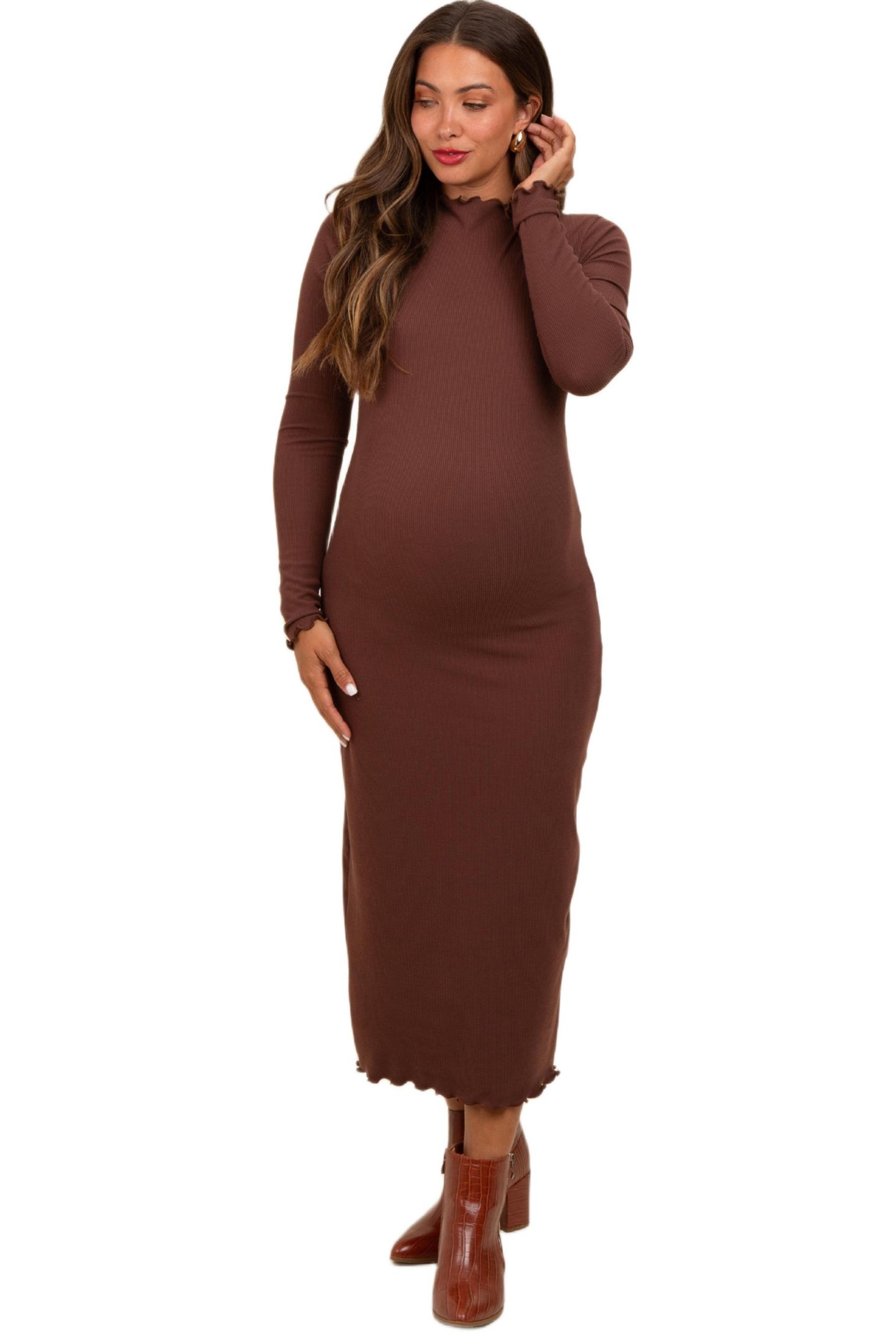 Женское платье Pinkblush Brown Ruffle Mock Neck Long Sleeve Midi, цвет: Коричневый — фото 3