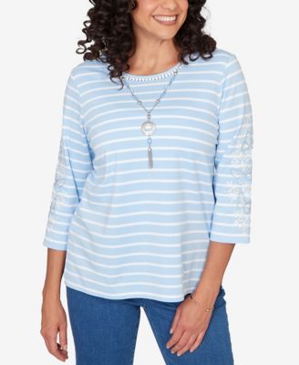 Petite Classic Stripe Cornflower Embroidered Sleeve Top with Necklace