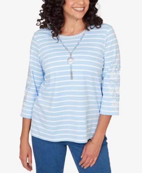 Petite Classic Stripe Cornflower Embroidered Sleeve Top with Necklace - Cornflower