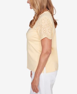Petite Classic Solid Eyelet Sleeve Top with Necklace