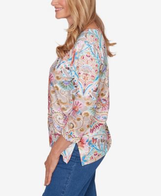 Petite Classic Paisley Floral Pleated Neck Top