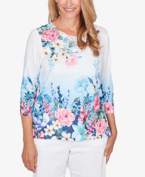 Petite Classic Ombre Border Floral Lace Top - Blue Multi