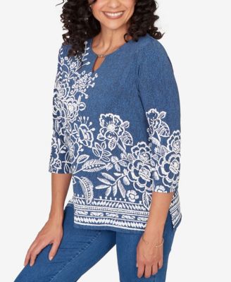 Petite Classic Floral Border Embroidered Split Neck Top