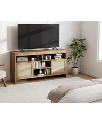 58" Boho TV Stand for 65" TVs, Rattan Entertainment Center with Adjustable Shelves, Oak