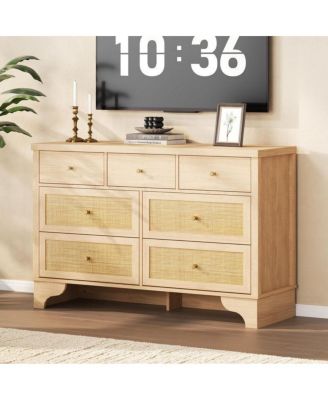 7-Drawer Modern Dresser for Bedroom, Wood Chest with Natural Rattan Fronts, Sturdy Base, Organizer for Living Room, Entryway, Hallway