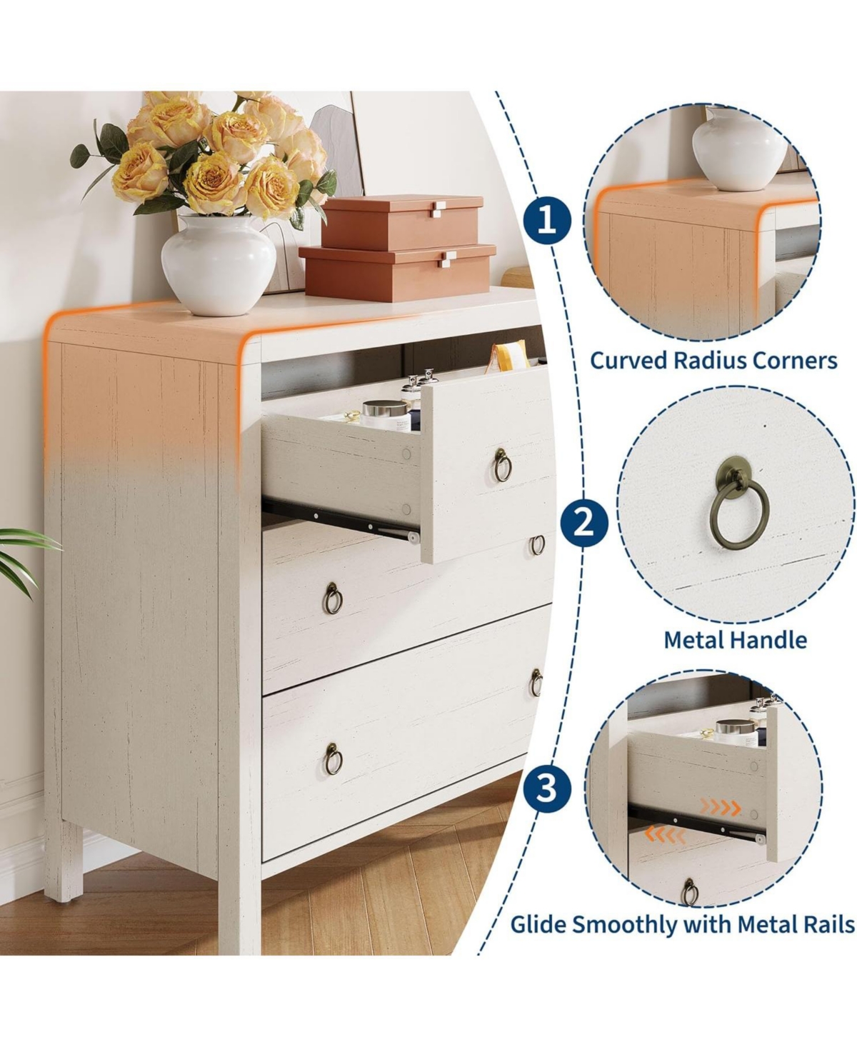 gaomon 3-Drawer Modern Bedroom Dresser Chest Closet Storage Cabinet Organizer for Bedroom, Living Room, Hallway, Office, White