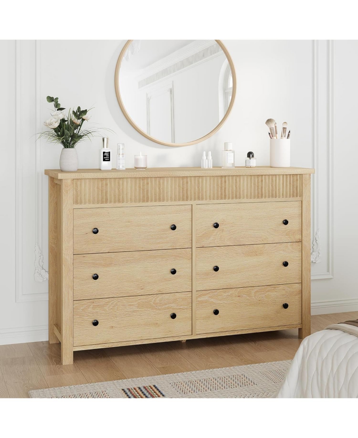 gaomon 6-Drawer Farmhouse Dresser Bedroom Wooden Chest of Drawers, Fluted Tv Stand Storage Cabinet for Living Room, Hallway, Office, Natural