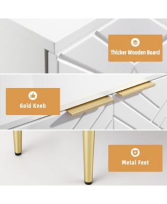 White Storage Cabinet with 2 Doors, Diamond Pattern, Gold Handles, Adjustable Shelves, Modern Living Room Organizer