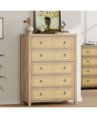 5-Drawer Rattan Tall Dresser, 45" Wooden Chest for Clothes Storage, Drawer Organizer, Bedroom, Home, Natural