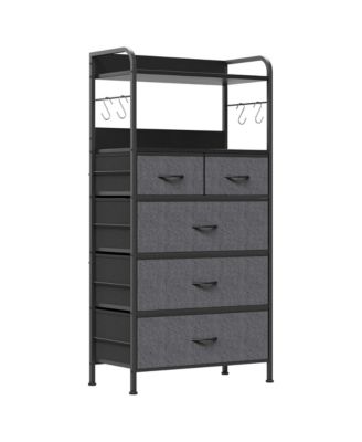 5-Drawer Fabric Dresser Bedroom Chest, Metal Frame, Wood Tabletop, Entryway Storage Organizer, Easy Pull Handle