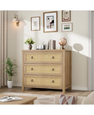 3-Drawer Natural Rattan Dresser, Freestanding Storage Cabinet, Anti-Tip, Extra Deep Drawers, Bedroom, Nursery, Living Room