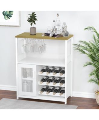 Farmhouse Wine Bar Cabinet with Detachable Wine Rack, Glass Holder, Mesh Door, Adjustable Feet, Living Room, White