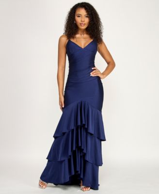 Juniors' V-Neck Tiered Tie-Back Gown
