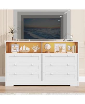 6-Drawer Modern Dresser with Power Outlet & LED Light, Large Capacity Wood Storage Chest TV Stand for Bedroom, Living Room