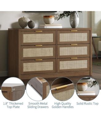 6-Drawer 53" Modern Rattan Dresser Bedroom Boho Wood Chest Storage Cabinet, TV Stand for Living Room, Metal Handles