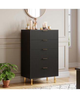 5-Drawer Modern Black Dresser, Gold Handle, Large Wood Double Chest, Storage Organizer for Bedroom, Living Room, Entryway