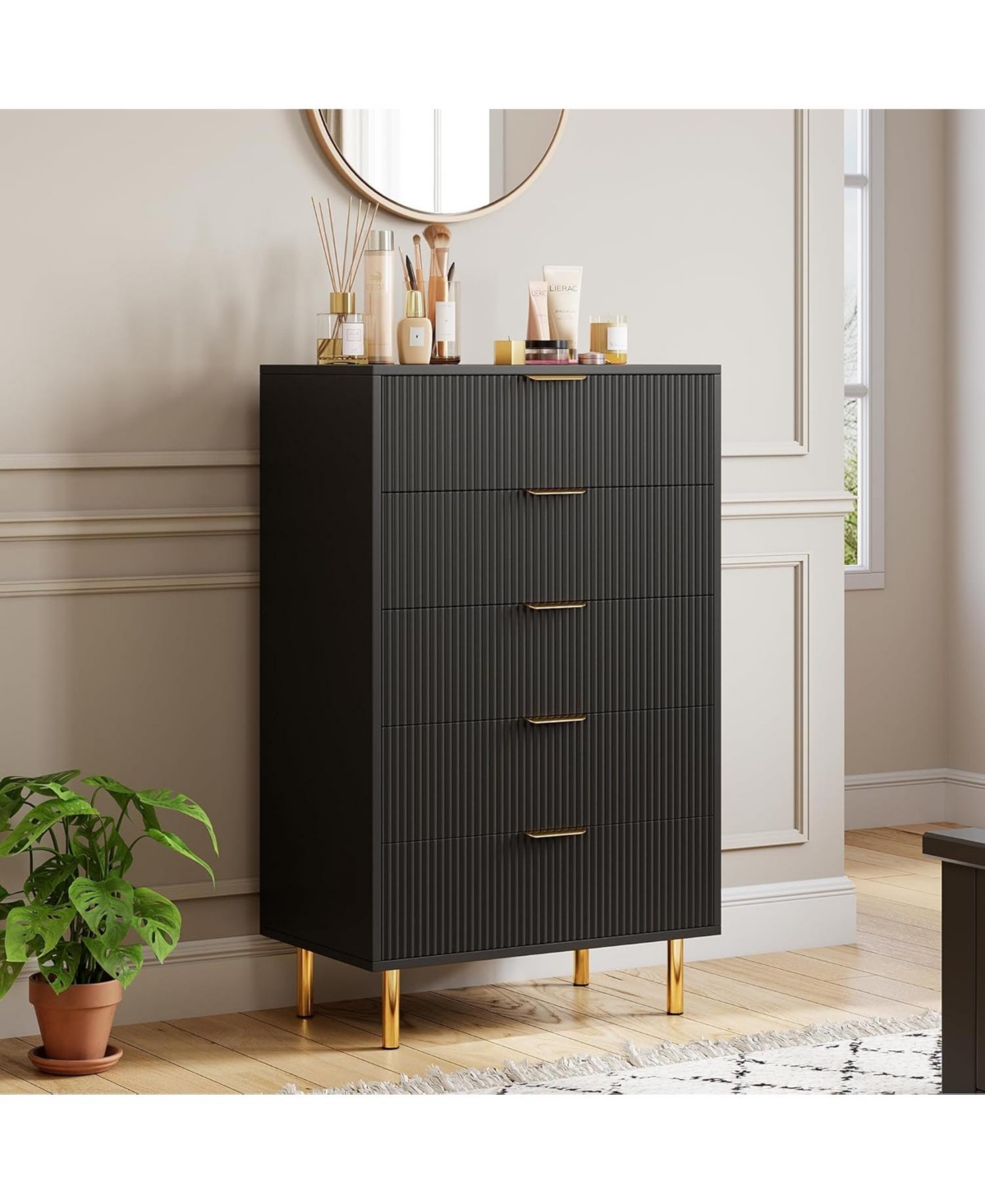 gaomon 5-Drawer Modern Black Dresser, Gold Handle, Large Wood Double Chest, Storage Organizer for Bedroom, Living Room, Entryway