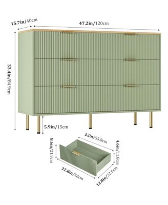 6-Drawer Modern Fluted Wood Dresser with Gold Handle, Large Storage Organizer for Bedroom, Living Room, Hallway, Green