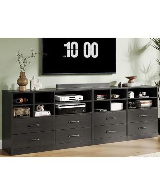 4-Drawer Black Bedroom Dresser, 6 Open Shelves, Modern TV Stand, Space-Saving Cabinet for Living Room