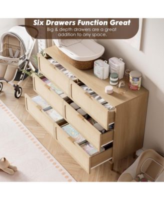 Rattan 6 Drawer Dresser for Bedroom, Large Double Dresser with Deep Drawers, Modern Chest Organizer