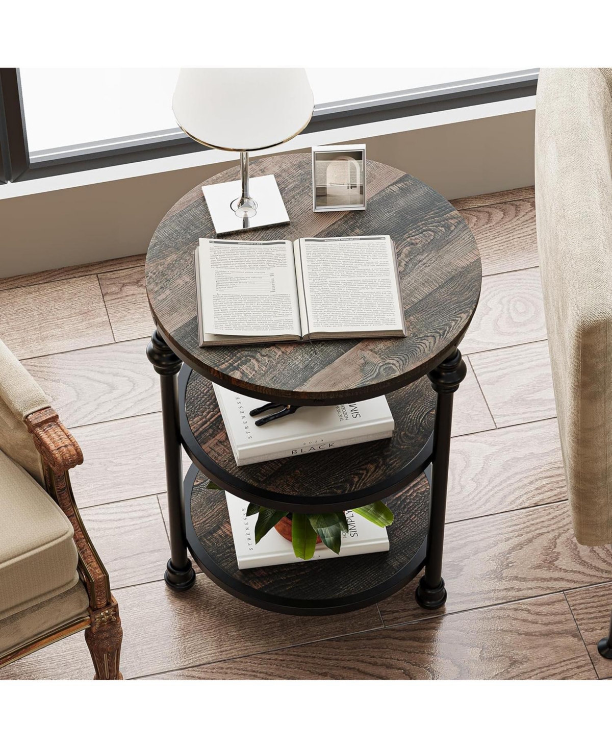 gaomon Round 3-Tier Side Table with Shelves, Small Space Coffee Table, High Load Capacity, Easy Assembly, Dark Oak